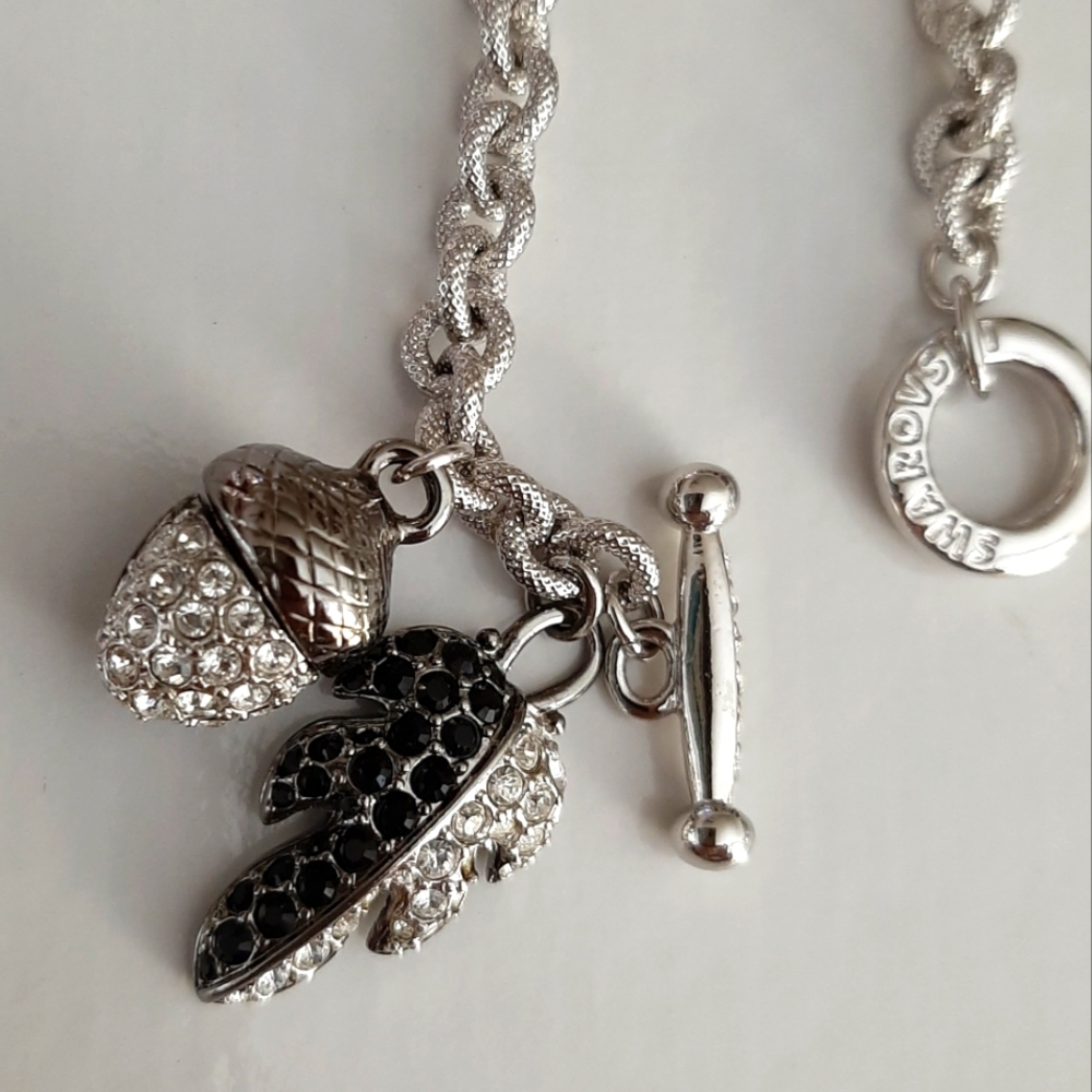 Swarovski Crystal Oak Leaf and Acorn Toggle Silver Chain Bracelet, Signed